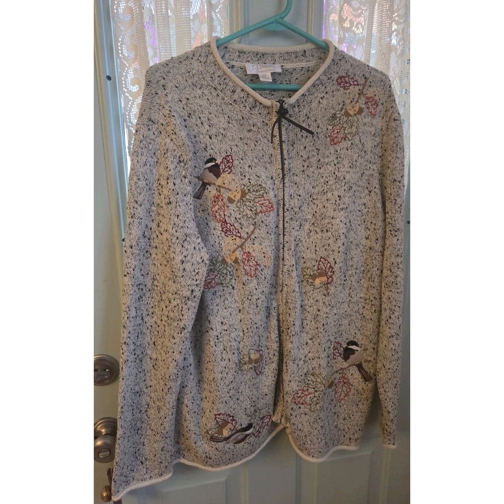 CJ Banks Zip Cardigan 1X Embroidered  Nature Beige Speckled Cottagecore Sweater